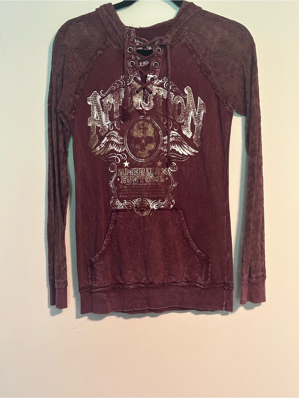 Affliction Womens Small Burgundy Lace Mesh Hoodie Skull Wings Y2K Gothic